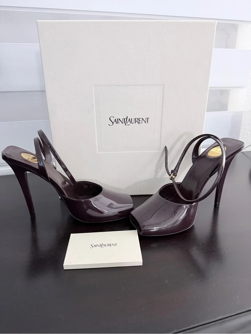 Saint Laurent Patent Plum Slingback Peep-Toe Heels - Picture 1 of 6